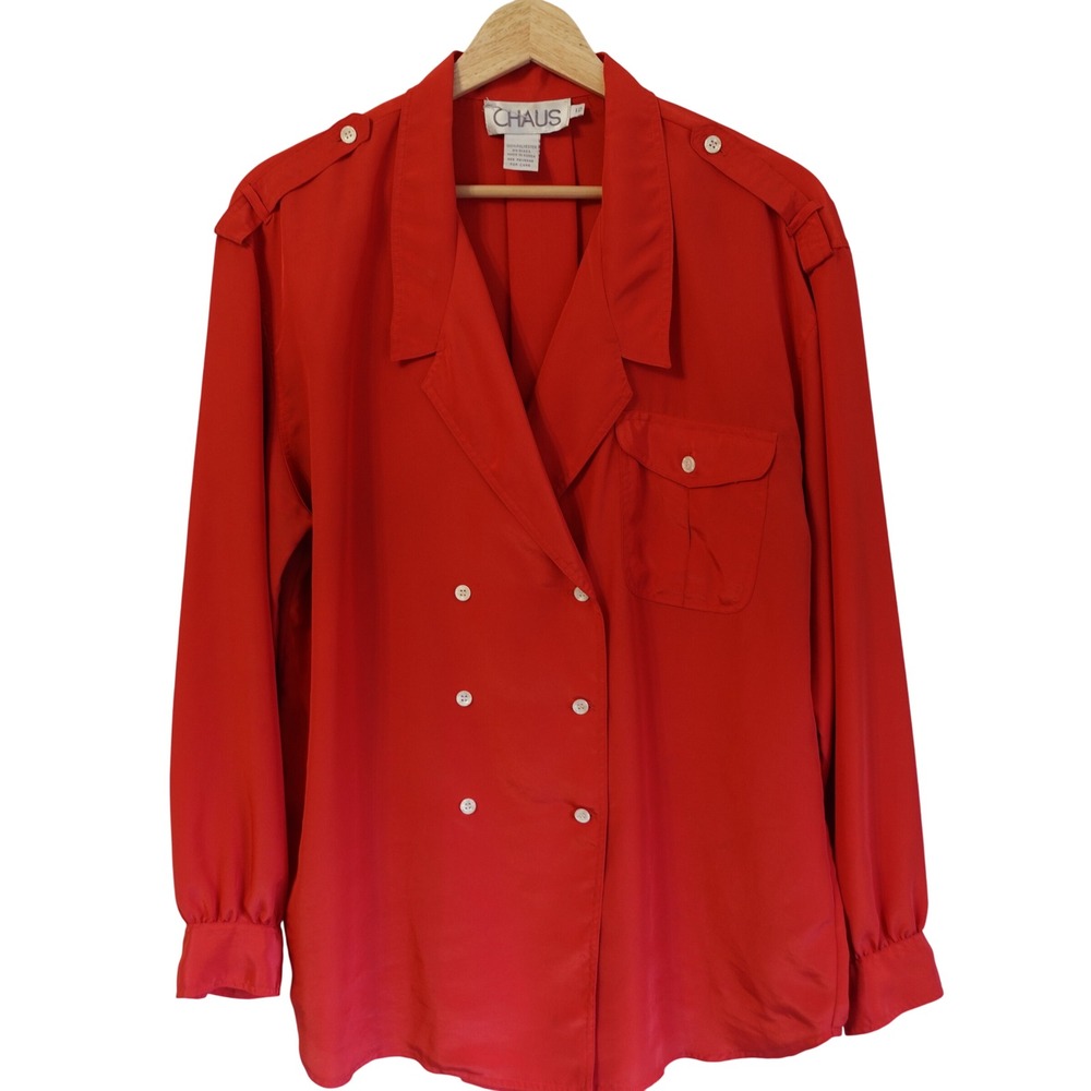 Vintage‎ 80s CHAUS Red Double Breasted Long Sleeve Button Up Blouse Top 12 Retro